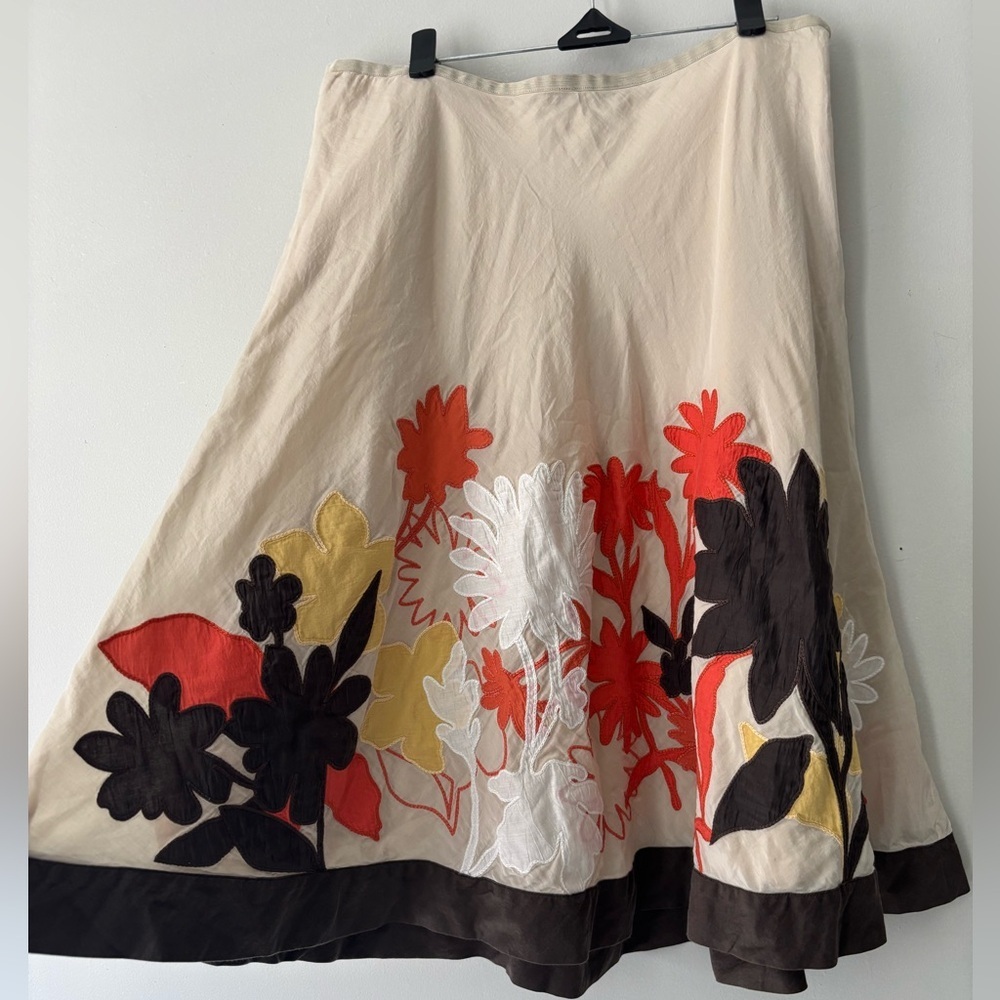 Y2K Cottagecore Tan Brown Floral Silk Fairycore Boho Midi Cotton Skirt Large